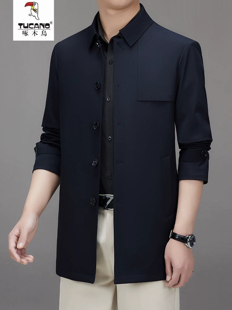 New Arrival Mid Length Long Length Trench Coat Men's Business Casual Shirt Collar Jacket Dad Coat Outwear