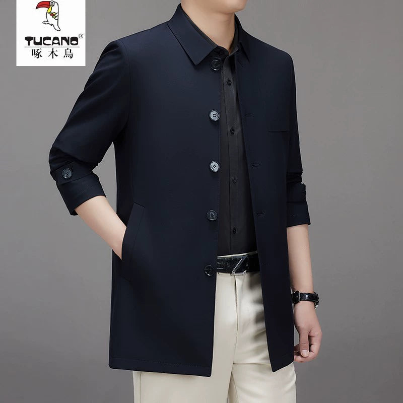 New Arrival Mid Length Long Length Trench Coat Men's Business Casual Shirt Collar Jacket Dad Coat Outwear