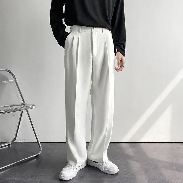 New Men White Straight Pants Fashion Casual Draped Baggy White Wide Pant